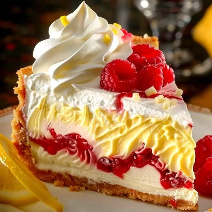 Slice of refreshing lemon raspberry cheesecake topped with fresh raspberries and lemon zest