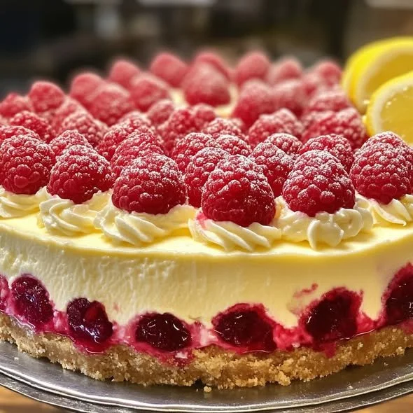 Slice of refreshing lemon raspberry cheesecake with fresh raspberries on top.