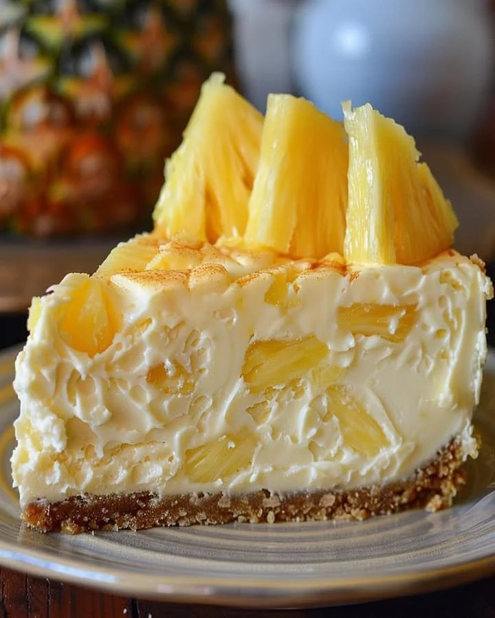No-bake pineapple mousse cheesecake topped with fresh pineapple slices