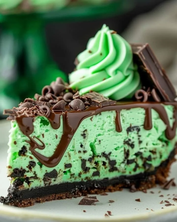 A slice of rich and creamy mint chocolate cheesecake on a plate