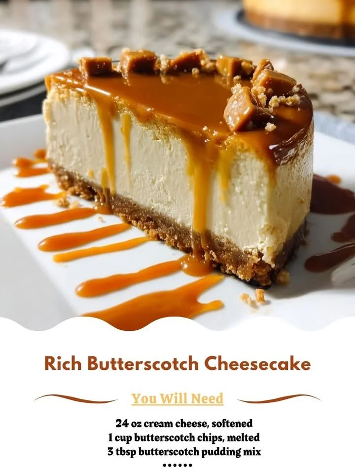 Delicious rich butterscotch cheesecake with a creamy topping and a crunchy crust