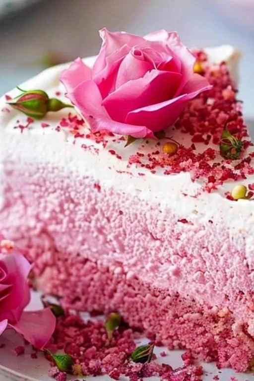 A slice of Rose Milk Cake garnished with rose petals and served on a delicate plate.
