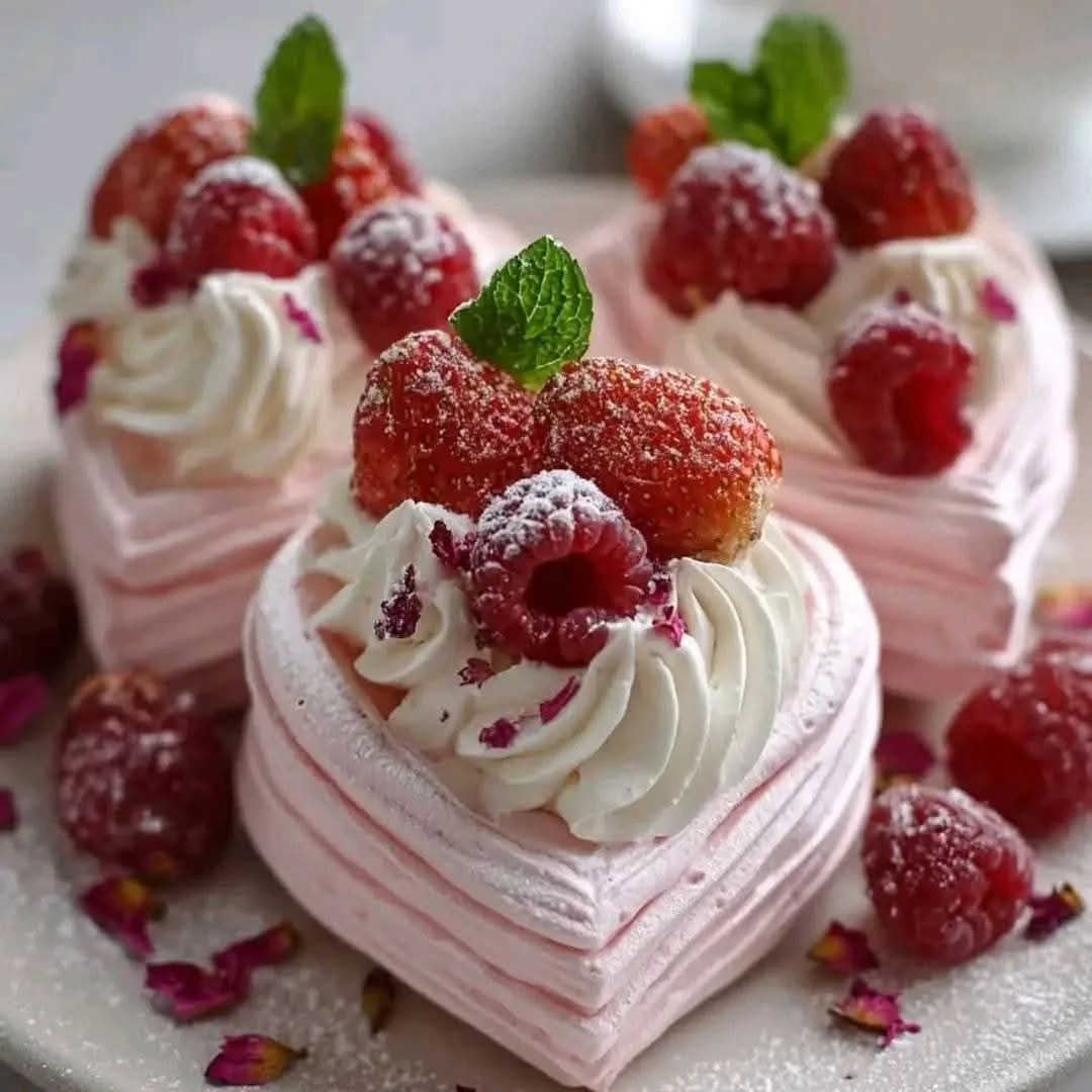 Beautiful Roseberry Velvet Pavlova Hearts with creamy filling and fresh berries.