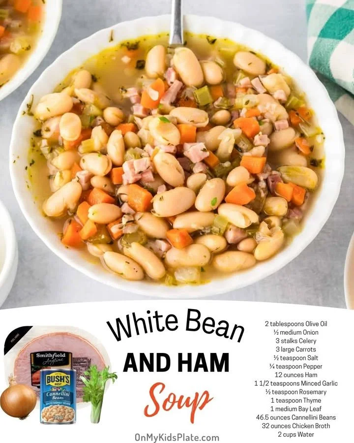 Bowl of rosemary white bean and ham soup garnished with fresh herbs