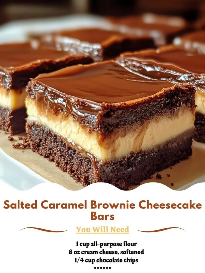 Salted Caramel Brownie Cheesecake Bars with luscious caramel drizzle