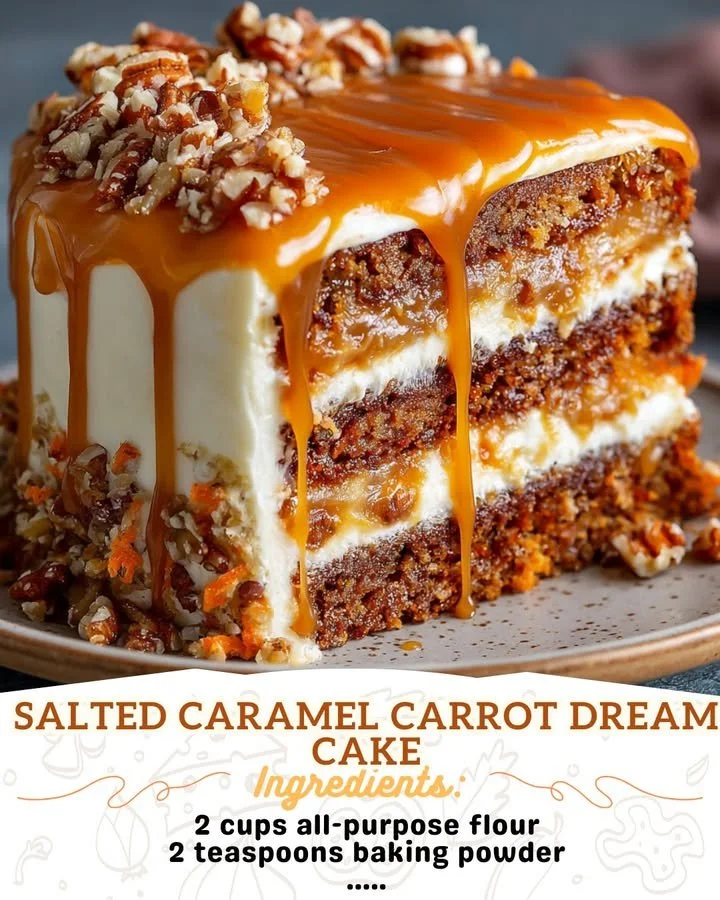 Slice of Salted Caramel Carrot Dream Cake with cream frosting and caramel drizzle