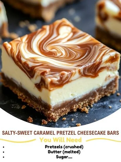 Delicious caramel pretzel cheesecake bars topped with caramel drizzle and pretzel pieces