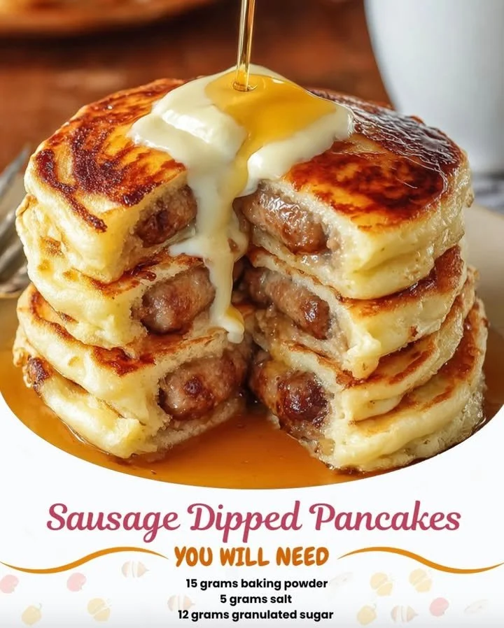 Plate of delicious sausage dipped pancakes served with syrup