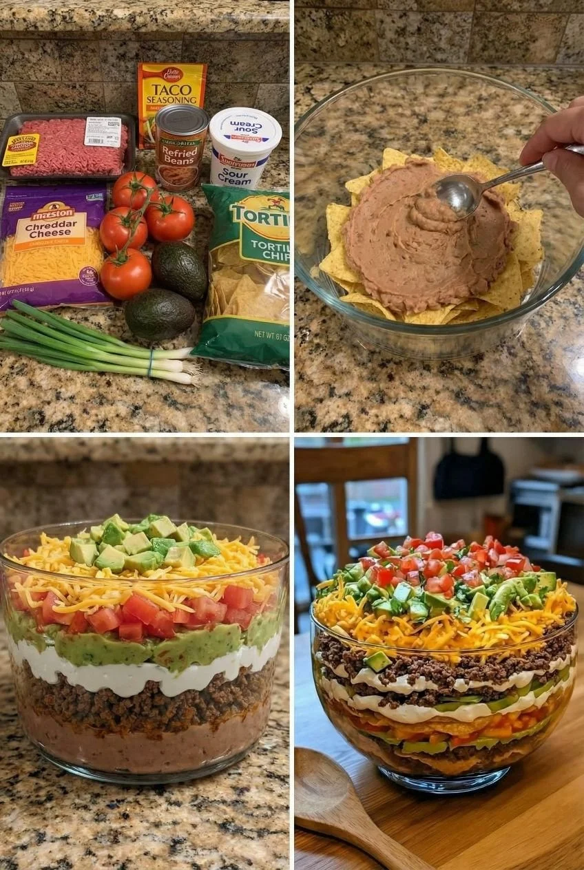Colorful Seven Layer Taco Salad with fresh ingredients and toppings.