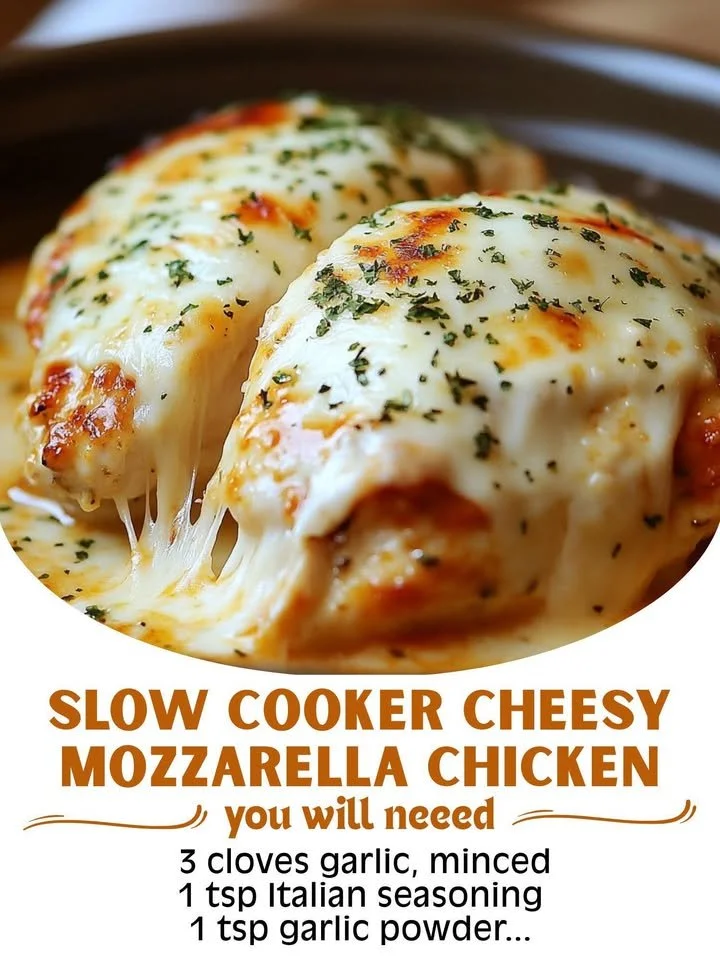 Slow Cooker Cheesy Mozzarella Chicken garnished with fresh herbs
