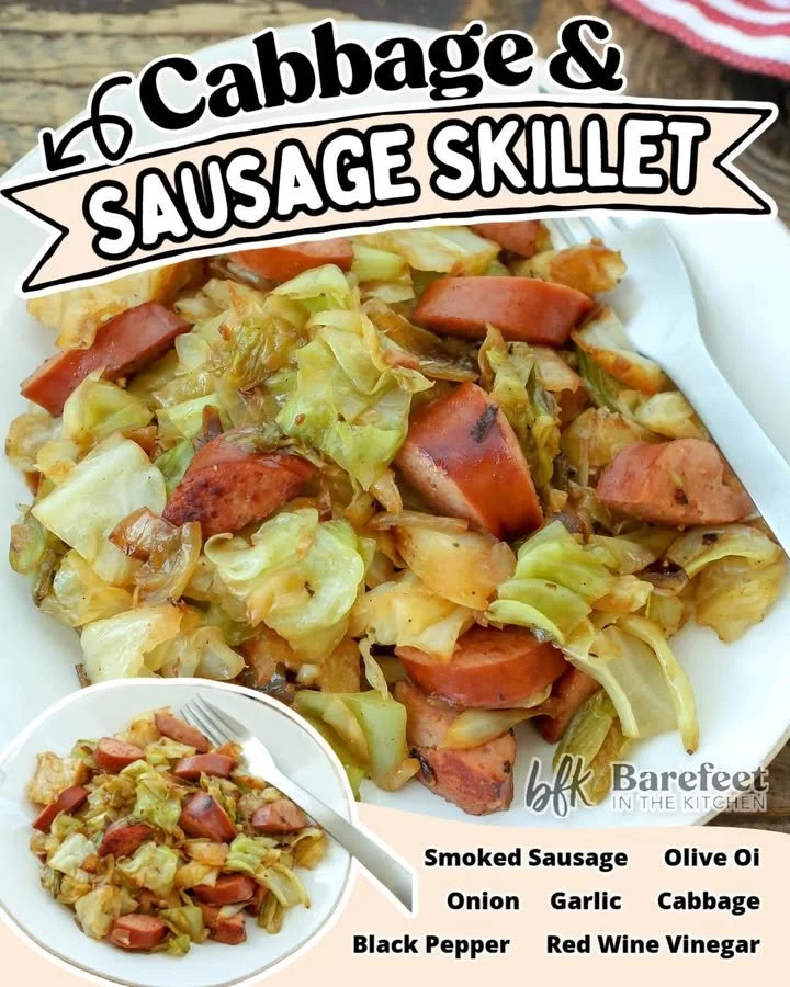 Smoked sausage and cabbage skillet recipe with fresh ingredients and vibrant colors.