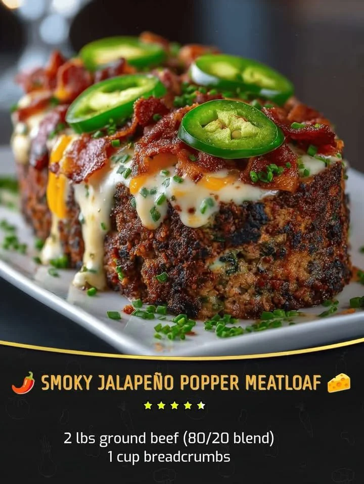 Smoky jalapeño popper meatloaf garnished with jalapeños and cheese