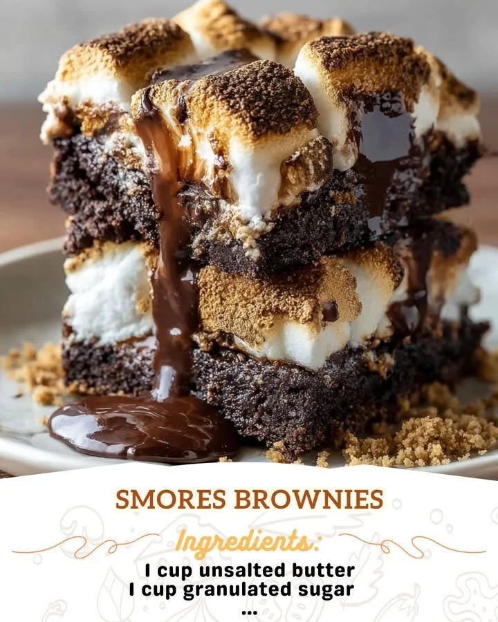 Delicious Smores Brownies topped with marshmallows and graham crackers