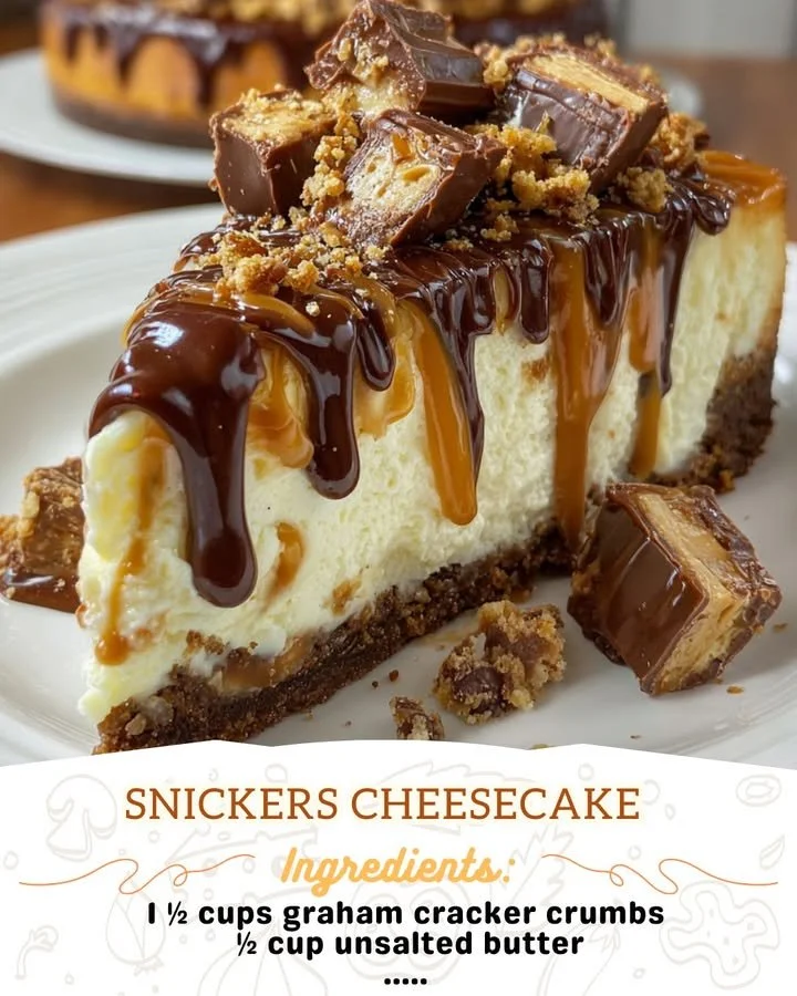 Delicious Snickers Cheesecake with chocolate, caramel, and nut toppings