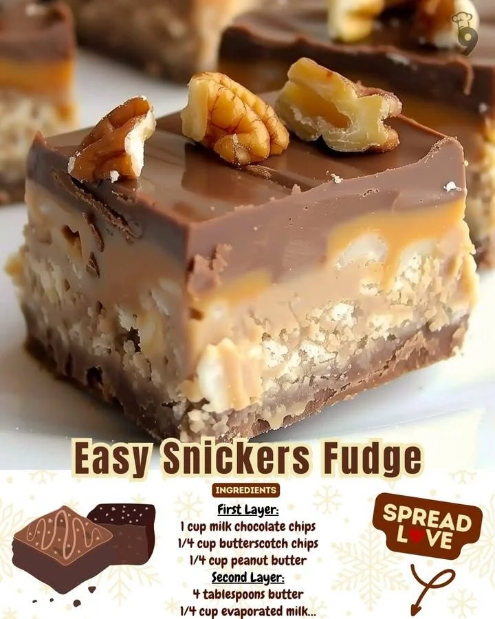 Delicious homemade Snickers Fudge with chocolate, caramel, and peanuts