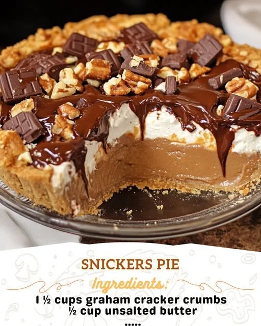 Deliciously decadent Snickers Pie topped with chocolate and peanuts