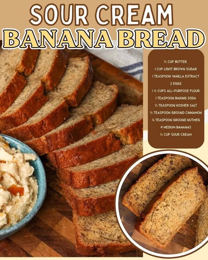 Sour Cream Banana Bread fresh out of the oven, sliced and ready to serve.