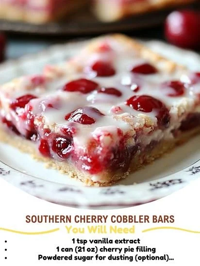 Southern cherry cobbler bars topped with a golden crust and fresh cherries