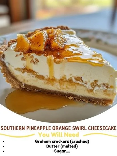 Slice of Southern Pineapple Orange Swirl Cheesecake with colorful fruit topping
