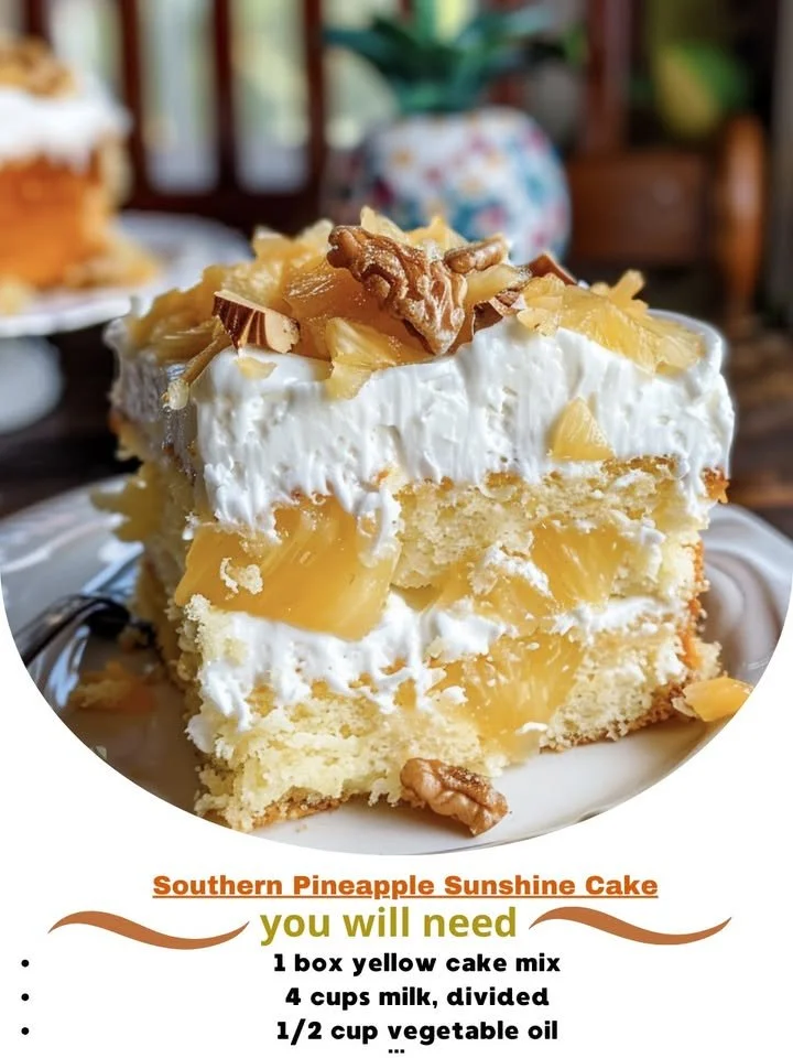 Delicious Southern Pineapple Sunshine Cake topped with fresh pineapple slices