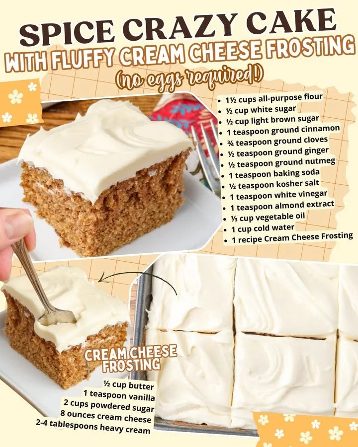 Slice of Spice Crazy Cake with Fluffy Cream Cheese Frosting on a plate