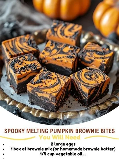 Spooky melting pumpkin brownie bites served on a festive plate