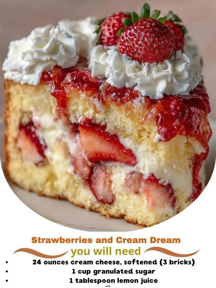 Strawberries and Cream Dream Layer Cheesecake Cake with fresh strawberries