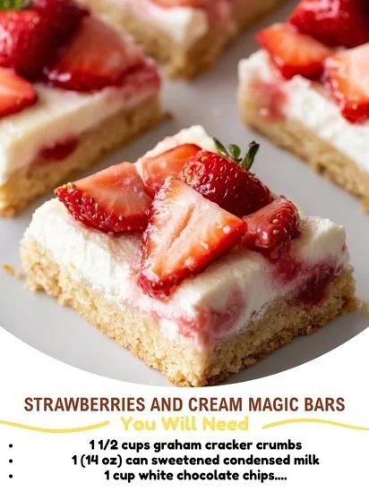 Strawberries and Cream Magic Bars with fresh strawberries on top