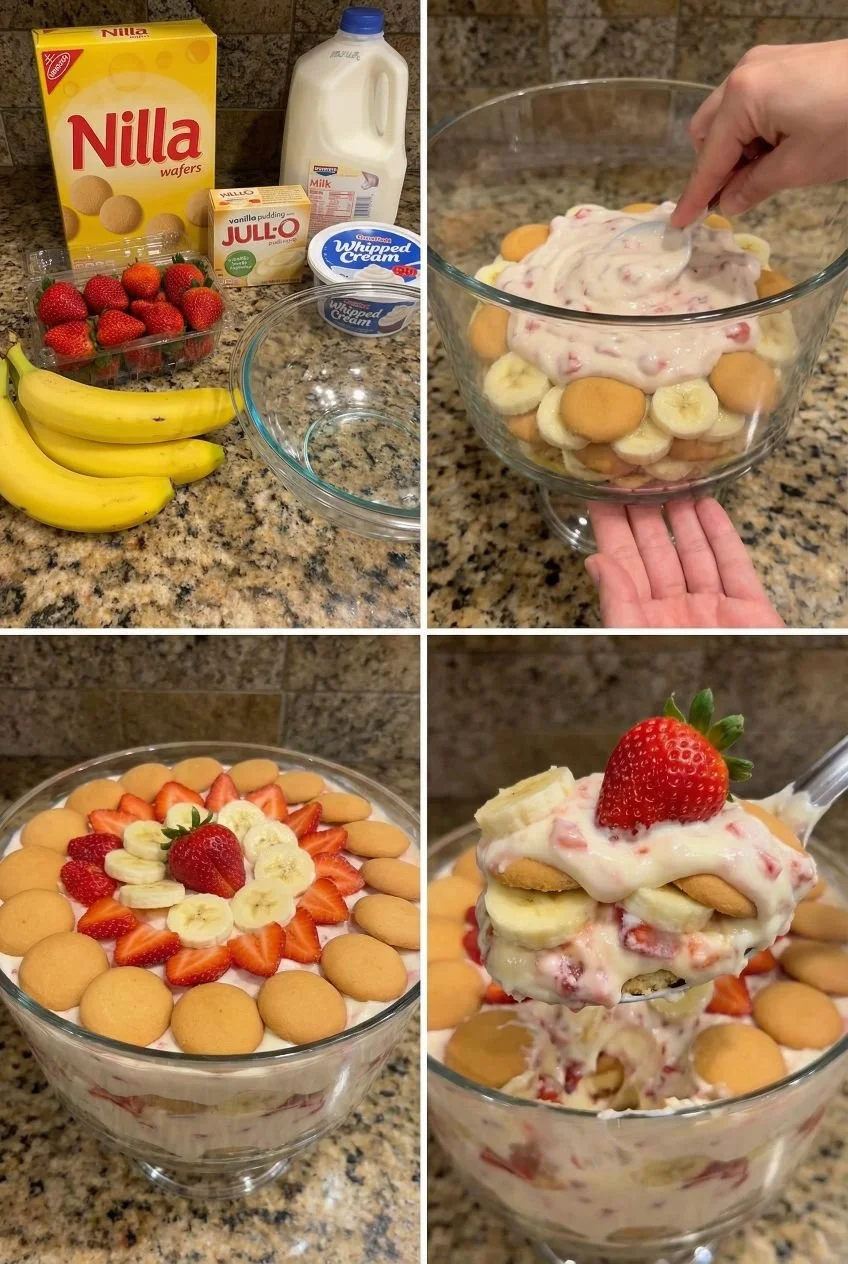 Delicious strawberry banana pudding served in a clear bowl with fresh fruit on top.