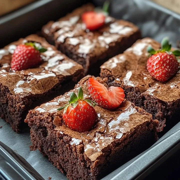 Delicious strawberry brownies topped with fresh strawberries and chocolate drizzle