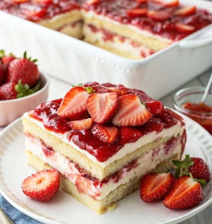 Delicious homemade strawberry cake topped with fresh strawberries and whipped cream