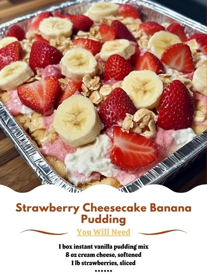 Strawberry Cheesecake Banana Pudding dessert with strawberries and whipped cream