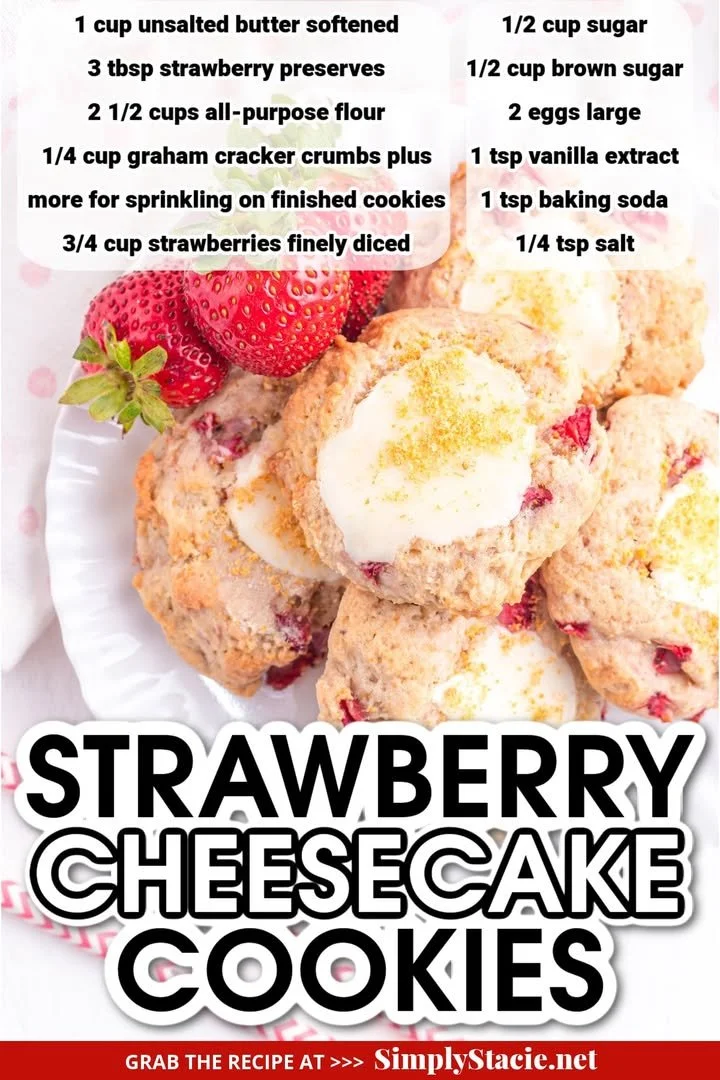 Strawberry Cheesecake Cookies on a plate with fresh strawberries