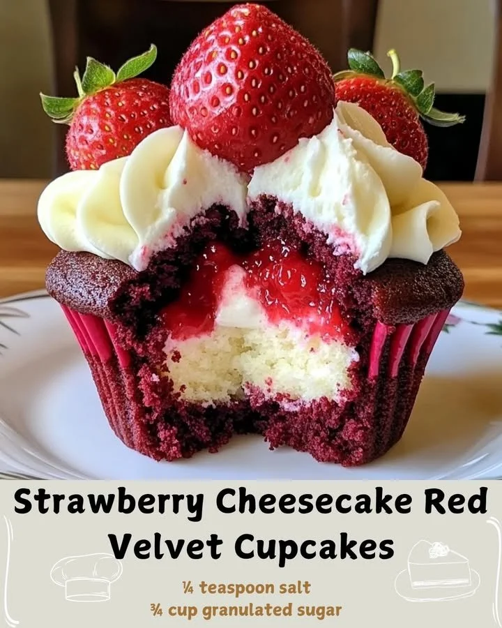 Strawberry cheesecake red velvet cupcakes topped with cream cheese frosting.