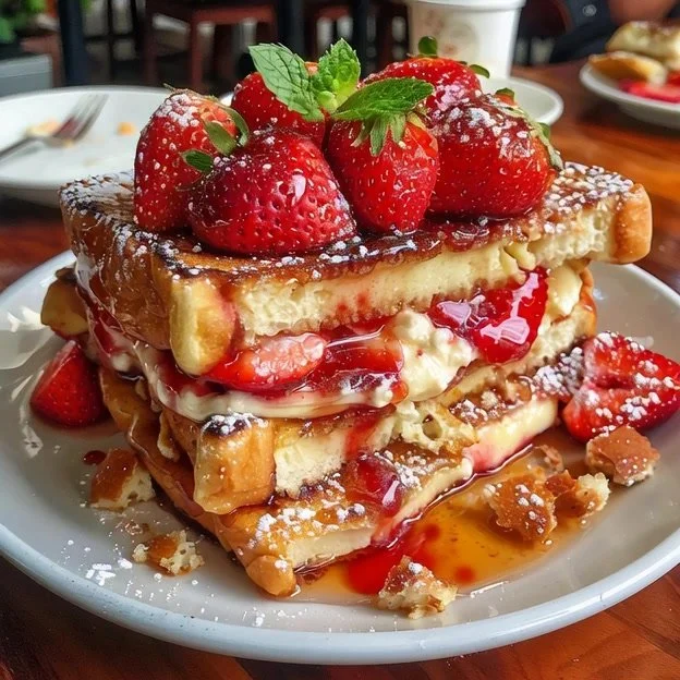 Strawberry cheesecake stuffed French toast served on a plate