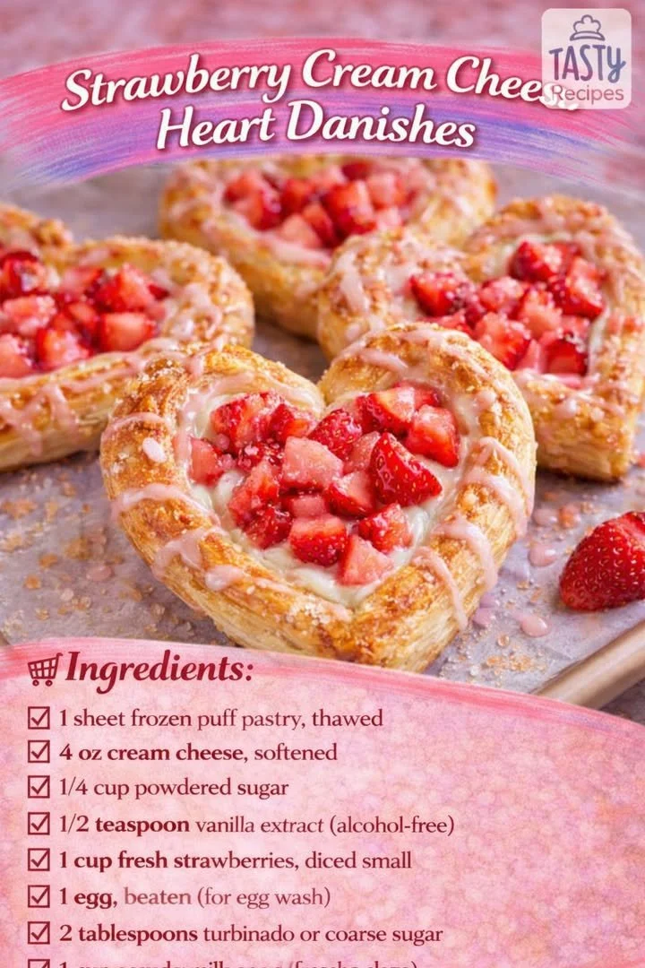Heart-shaped Strawberry Cream Cheese Danishes topped with fresh strawberries.