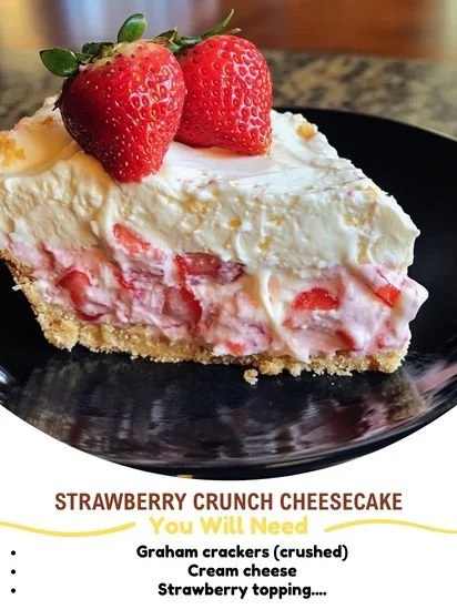 Delicious strawberry crunch cheesecake served on a plate with fresh strawberries