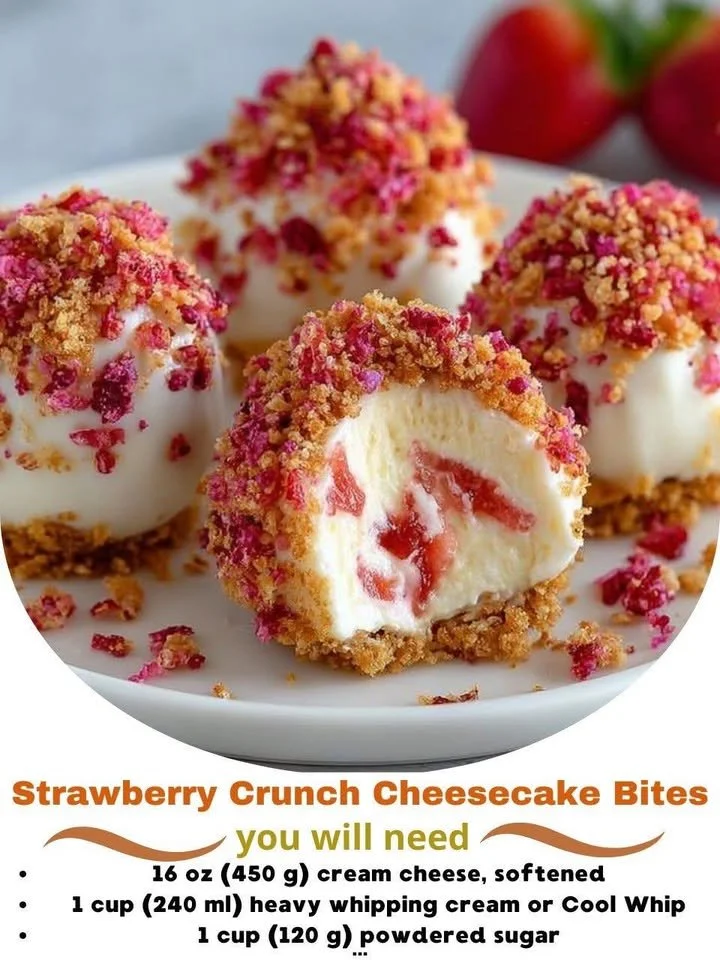 Delicious Strawberry Crunch Cheesecake Bites on a white plate.