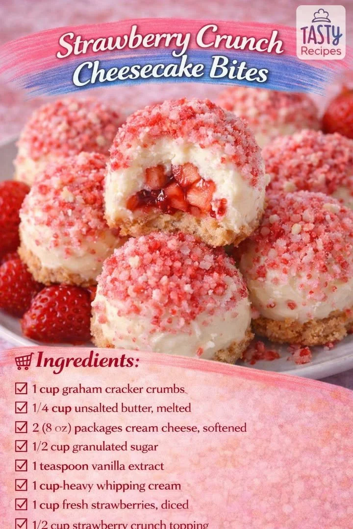 Delicious strawberry crunch cheesecake bites on a serving platter