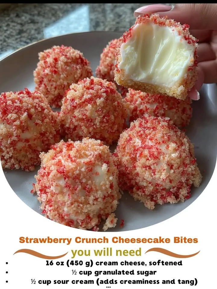 Delicious strawberry crunch cheesecake bites served on a plate