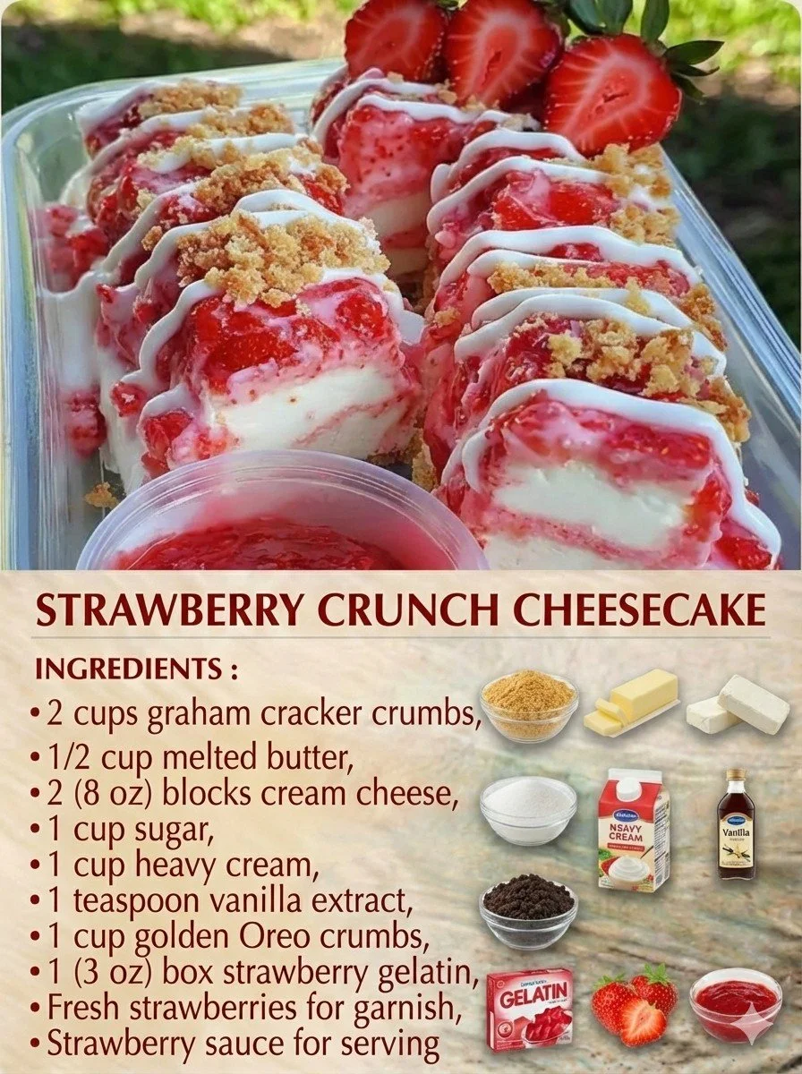 Strawberry crunch cheesecake chunks served on a plate.