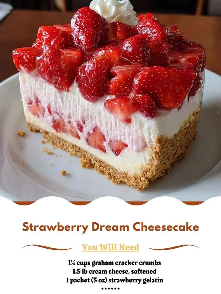 Delicious strawberry dream cheesecake topped with fresh strawberries.