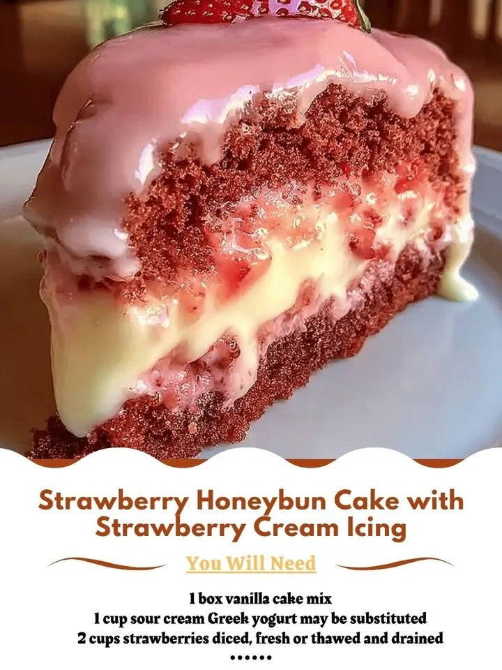 Strawberry Honeybun Cake with Strawberry Cream Icing on a serving plate