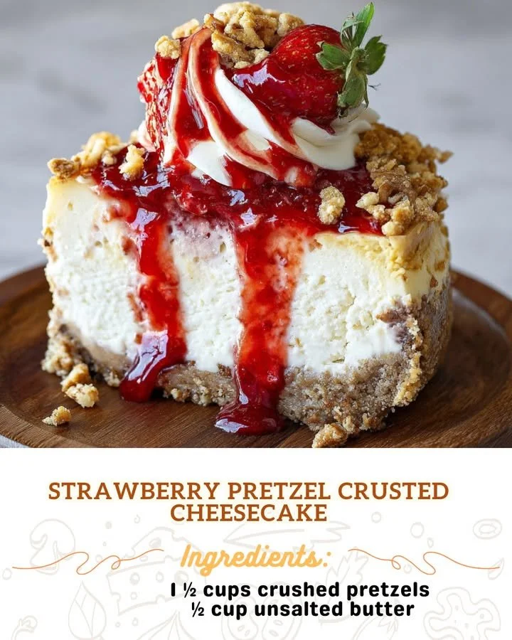 Slice of Strawberry Pretzel Cheesecake on a plate with fresh strawberries