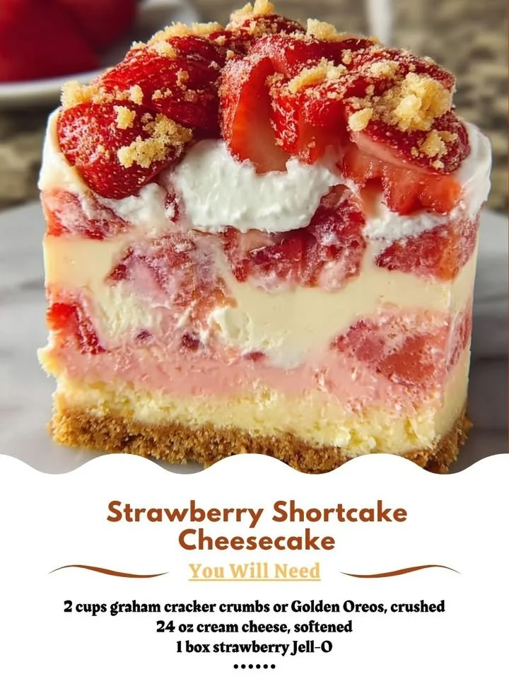 Delicious Strawberry Shortcake Cheesecake topped with fresh strawberries and whipped cream.