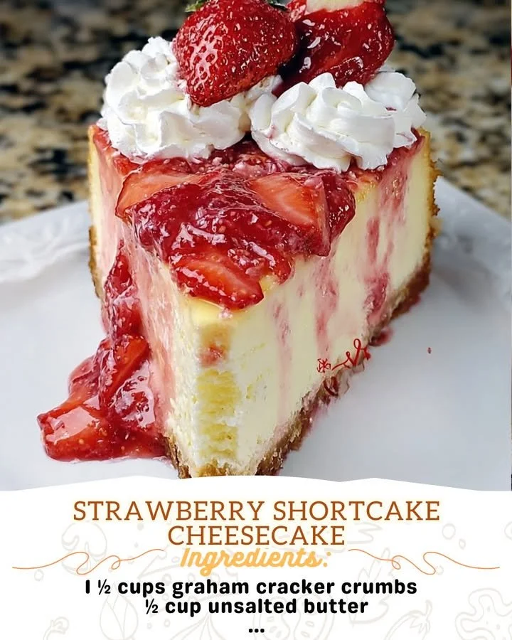 Delicious strawberry shortcake cheesecake topped with fresh strawberries