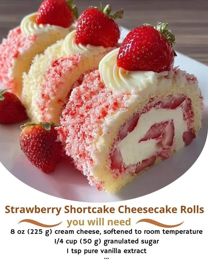 Delicious strawberry shortcake cheesecake rolls topped with fresh strawberries.