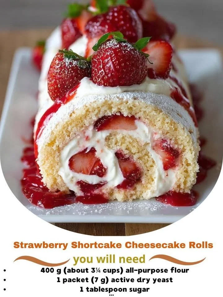 Delicious strawberry shortcake cheesecake rolls on a decorative plate