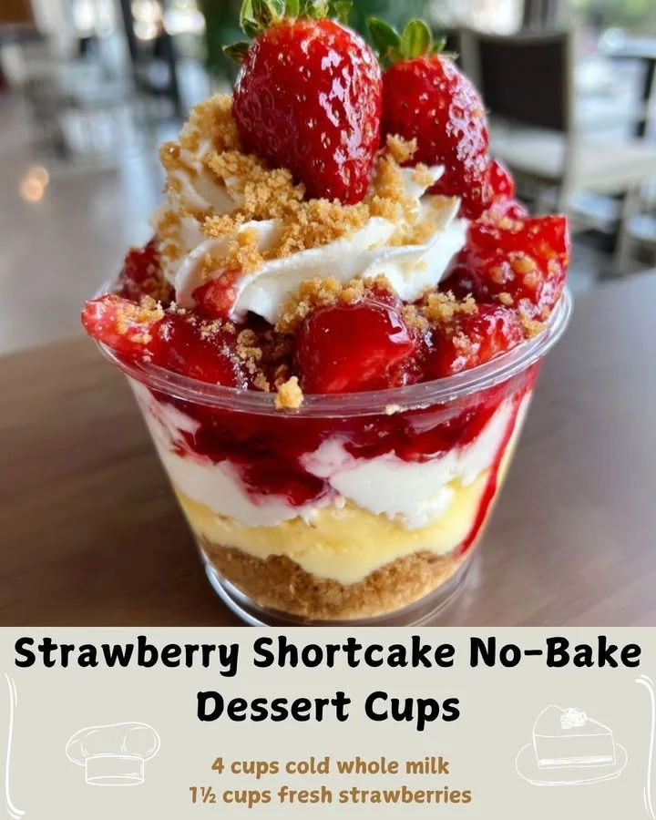No-bake strawberry shortcake dessert cups topped with strawberries