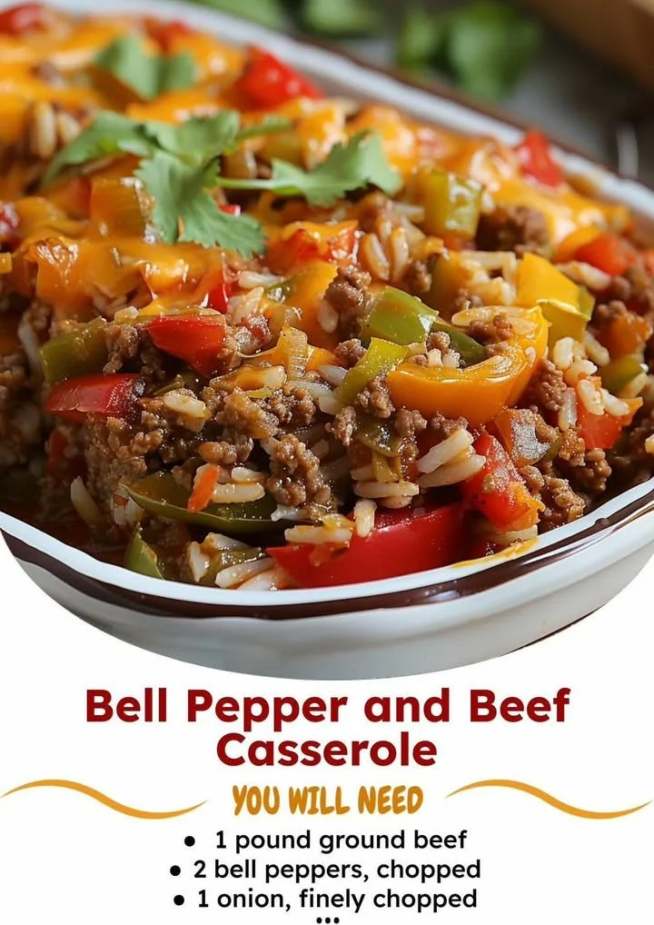 Delicious Stuffed Pepper Casserole served in a baking dish with colorful peppers and cheese